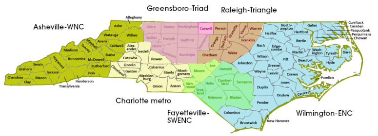 Map of major metro regions of North Carolina